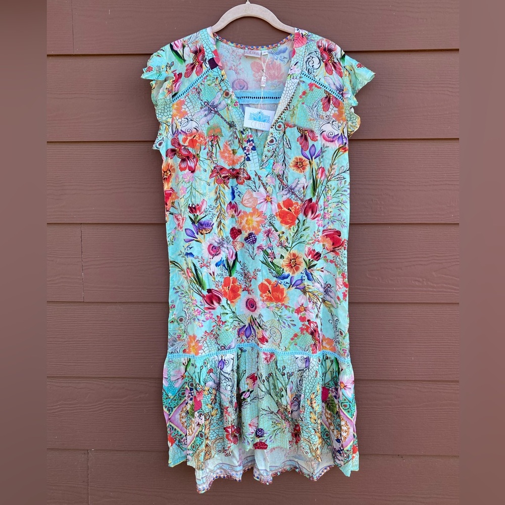 Cienna NWT 1690 Dragonfly Midi Dress Colorful Floral Ruffles Rayon Size Small
